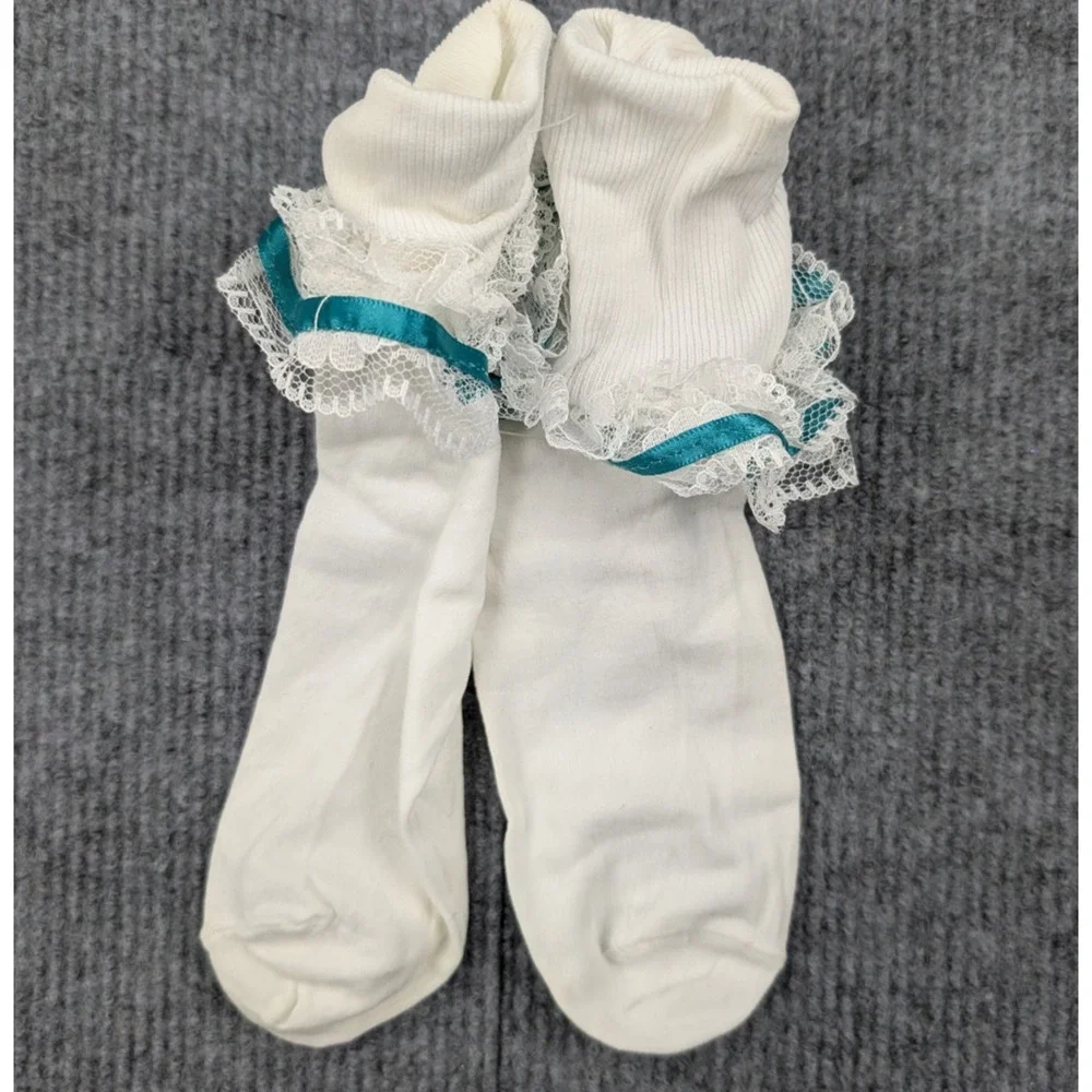 Vintage Nylon Ankle Socks Womens 8-9.5 Coquette Ruffle Church Lace 90s Dainty